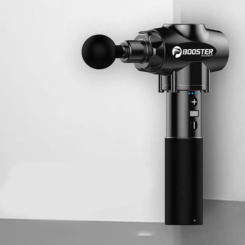 Black and white muscle massage gun with adjustable speed settings for deep tissue relief.