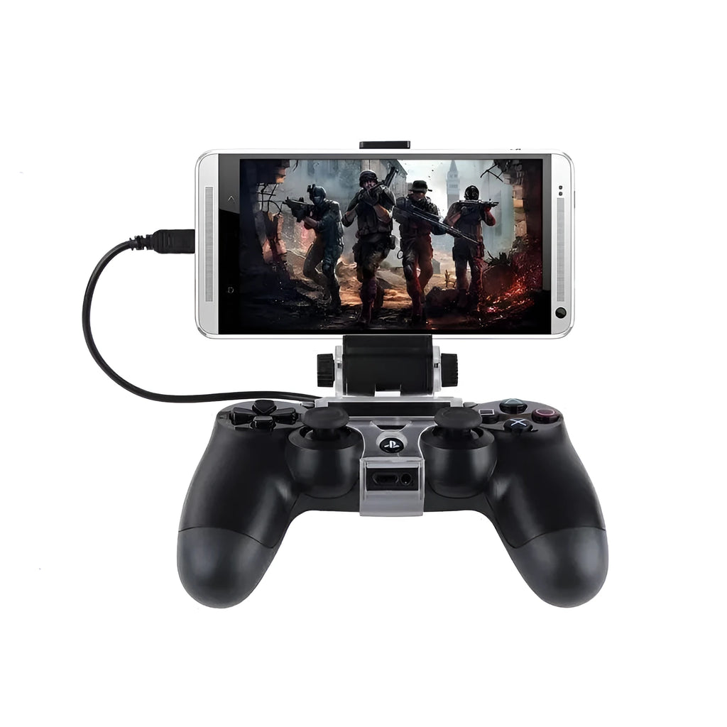 Mobile phone clip attaching PS4 controller to Android smartphone with micro USB OTG cable connection