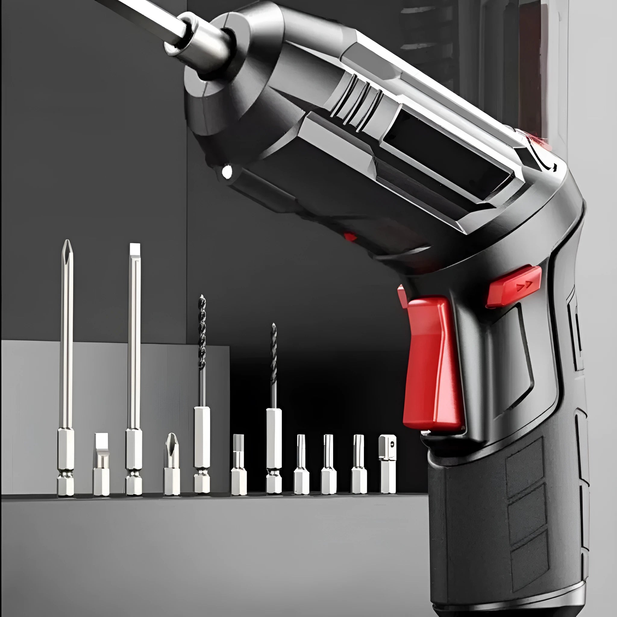 Electric screwdriver gun with lithium battery and charging capability in utility bag packaging