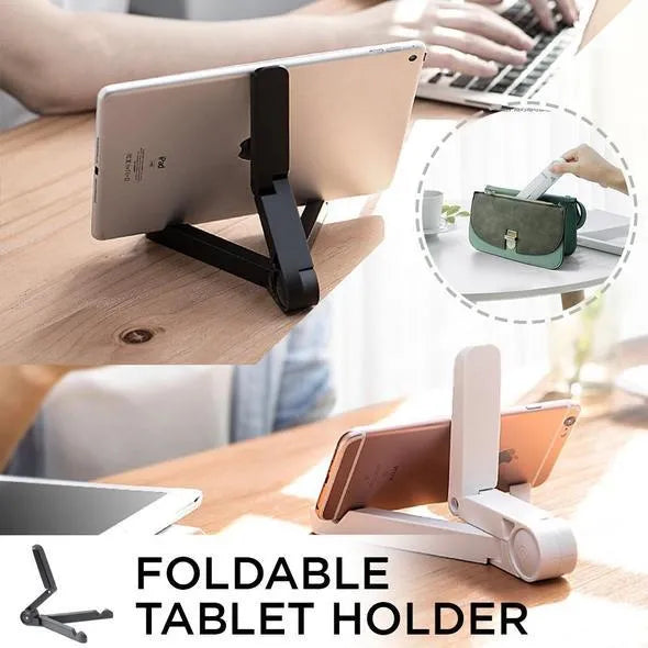 Black foldable tablet holder supporting a smartphone in landscape viewing mode on a desk.