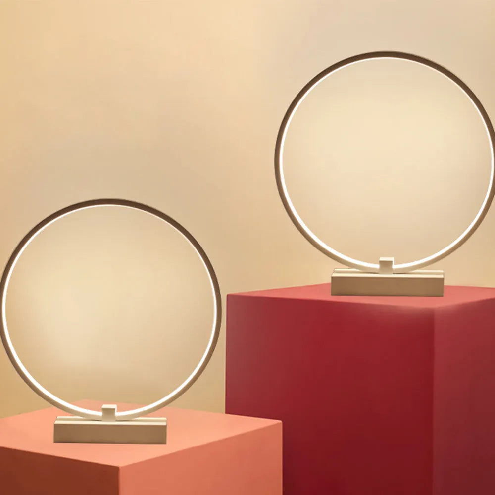 White circular LED bedside lamp, 25cm diameter, iron base and acrylic frame, for bedroom or living room