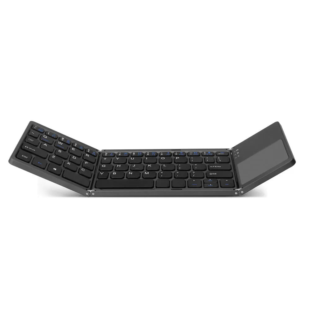 Black tri-fold folding Bluetooth keyboard with touchpad, shown both folded and unfolded next to a smartphone.