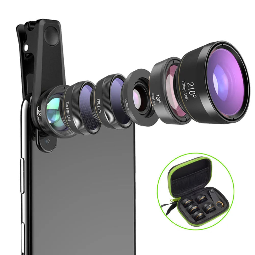 Black aluminium 6-in-1 smartphone lens kit with fisheye, wide-angle, macro, telephoto, CPL and star filter lenses on a universal clip.