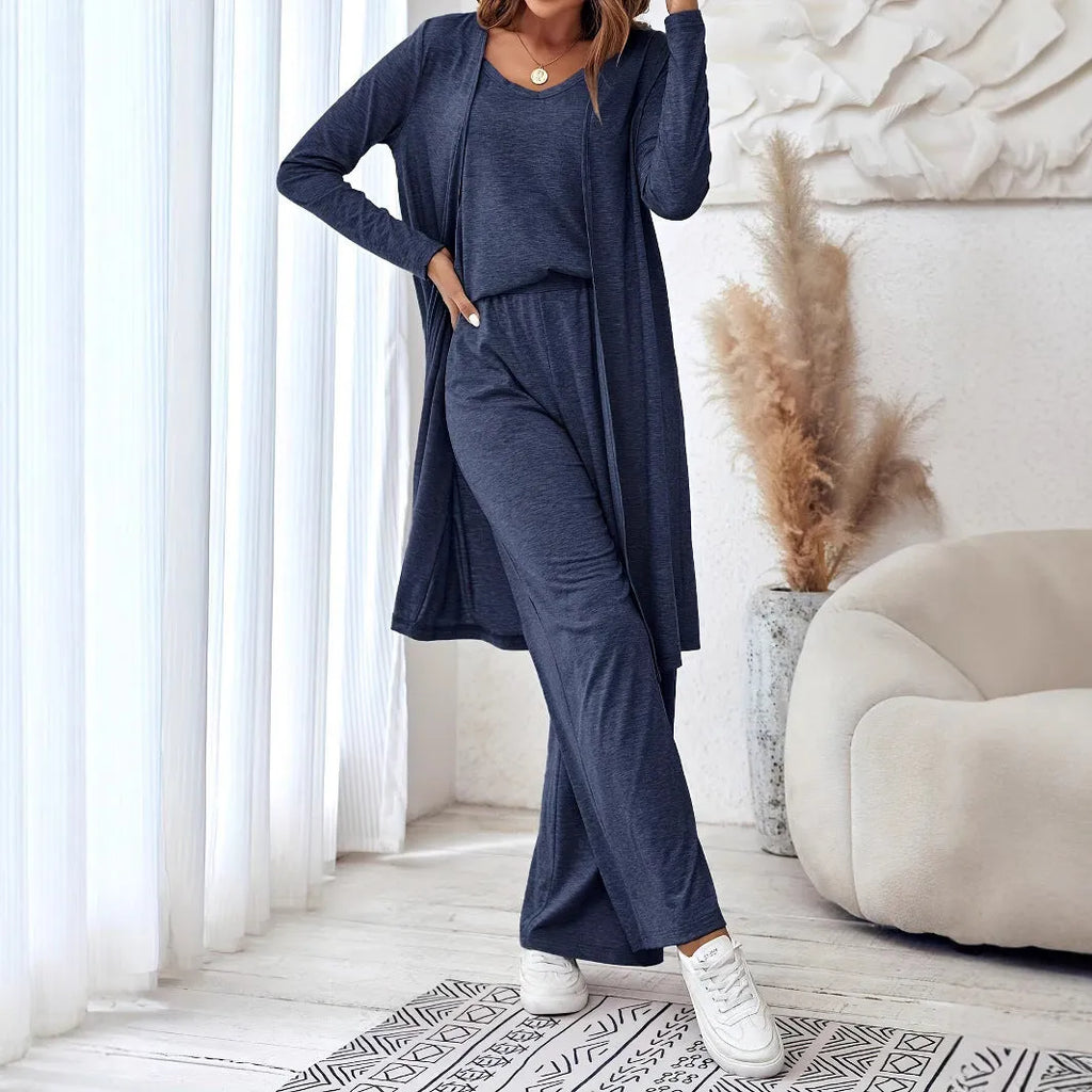 Women's blue polyester casual suit set with trousers and matching long sleeve top