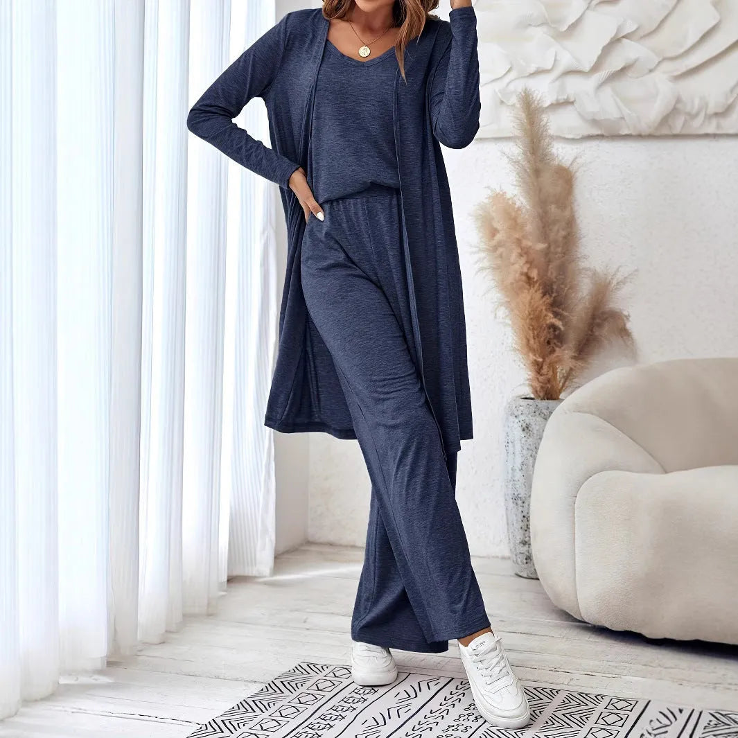 Women's blue polyester casual suit set with trousers and matching long sleeve top