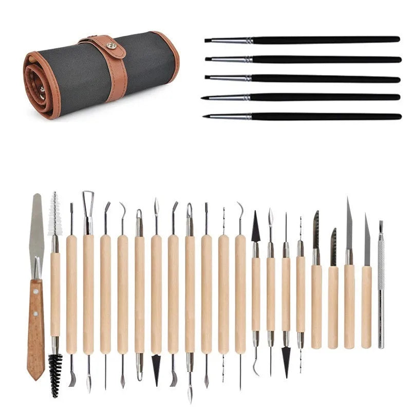27-piece pottery clay tool set with stainless steel tools, wood handles, and roll organiser
