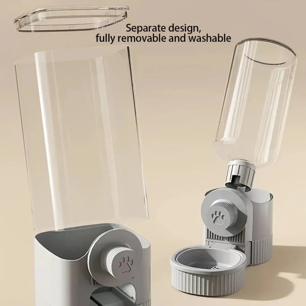 1.2L automatic pet feeder and 520ml water dispenser in elegant grey, made from PP plastic, for small dogs, cats and rabbits in a cage setting.