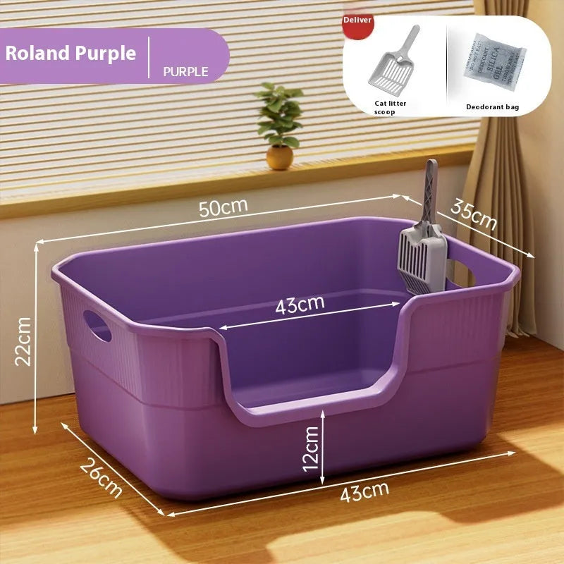 Oversized splash-proof PP cat litter box in 50cm with open semi-closed design and free litter spoon
