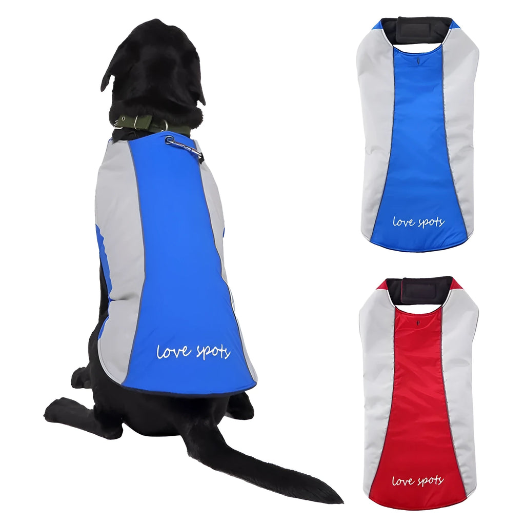 Reflective polyester dog coat in blue for large breeds, shown on a dog with safety strips visible