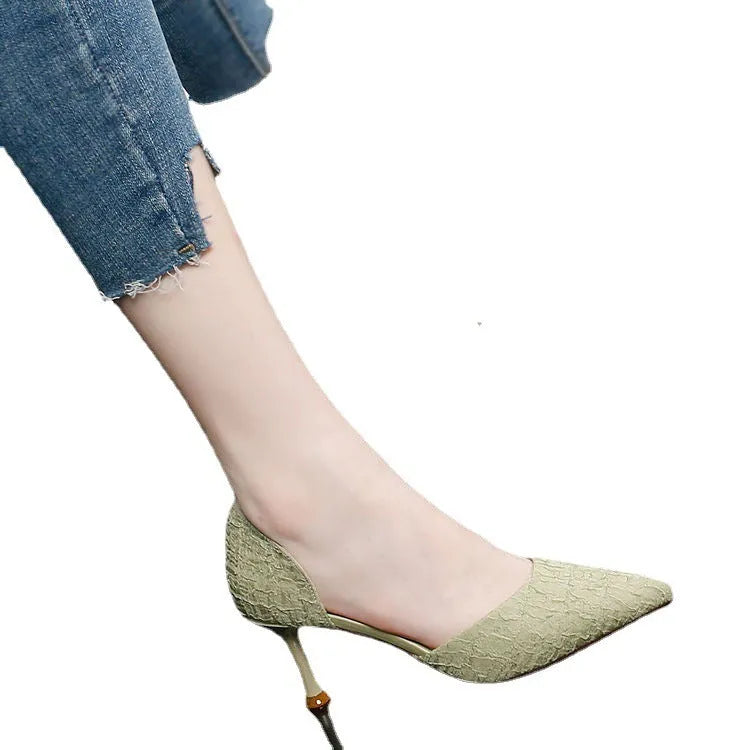 Women's black pointed toe stiletto heels with 6-8cm heel height and PU leather upper