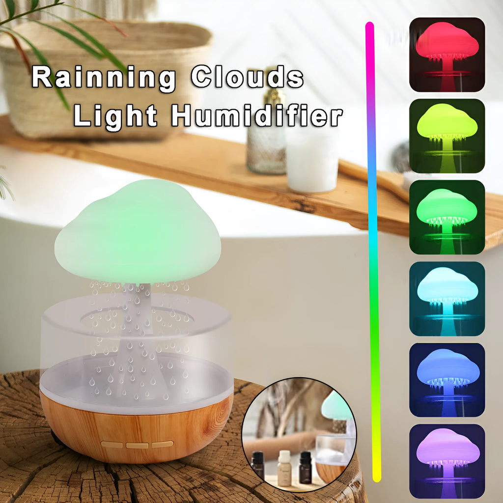 White raining cloud shaped humidifier with LED mood lights and water drop effect