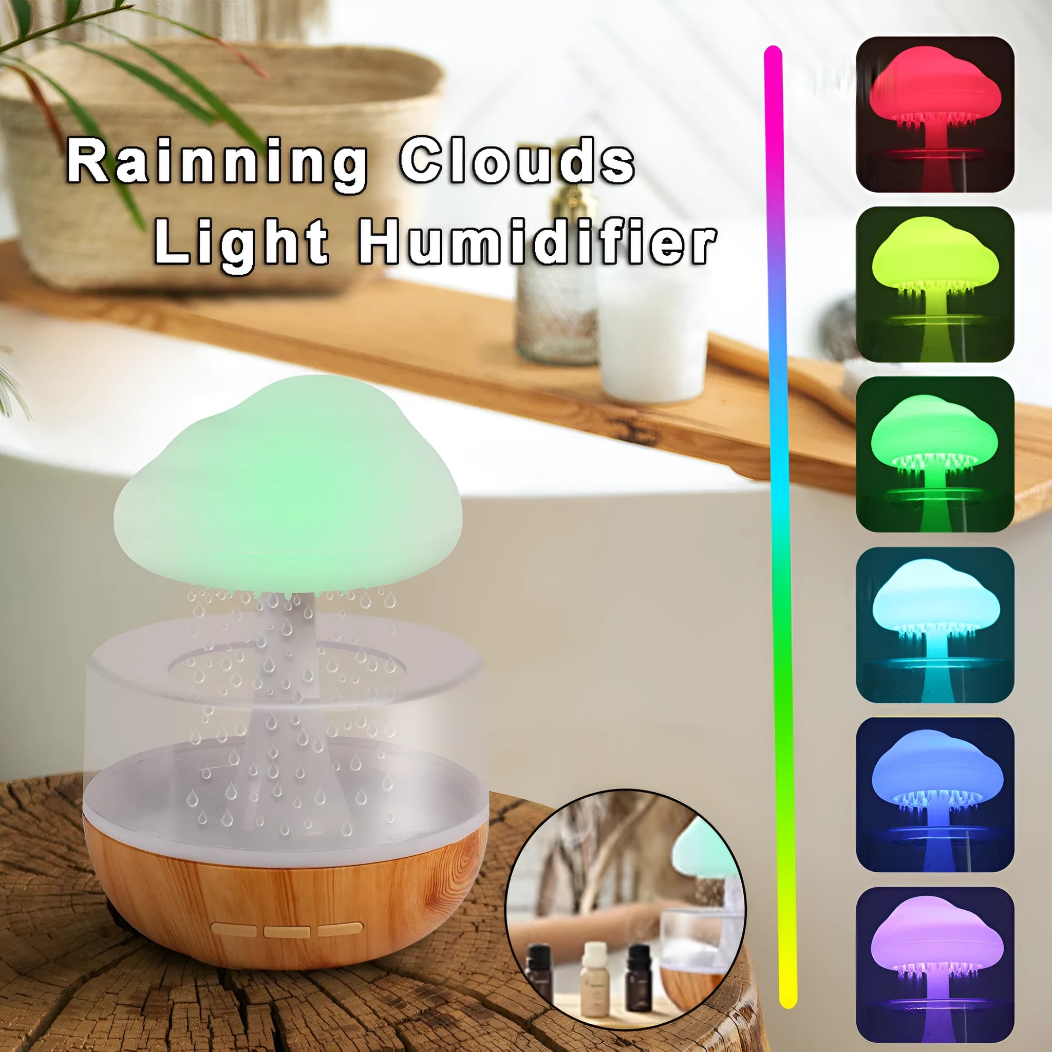 White raining cloud shaped humidifier with LED mood lights and water drop effect