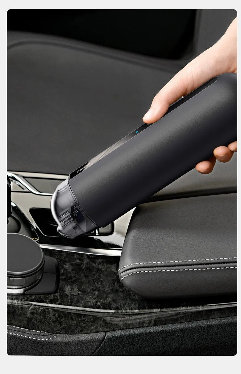 Wireless handheld car vacuum cleaner with blowing hose and HEPA filter.