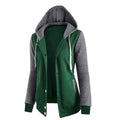 Women's cotton hooded jacket with adjustable hood and side pockets in black, green, purple, red