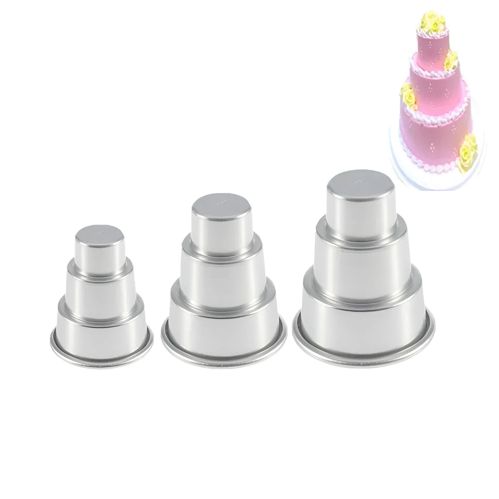 Silver aluminium alloy mini three-layer cake mould set showing large, medium, and small pudding cups.