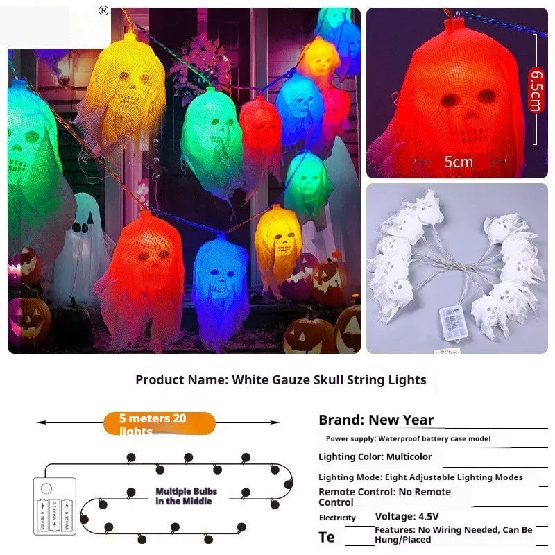 Battery-powered multicolour LED string lights arranged on an indoor wall for Halloween decoration.