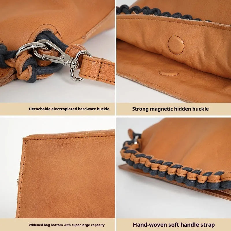 Women's cortex splicing woven leather crossbody bag in orange colour with top grain leather finish and zipper closure