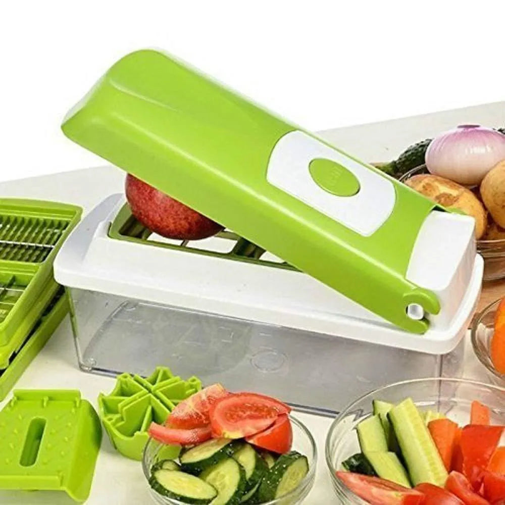 12-piece manual vegetable chopper set with stainless steel blades and green ABS plastic body