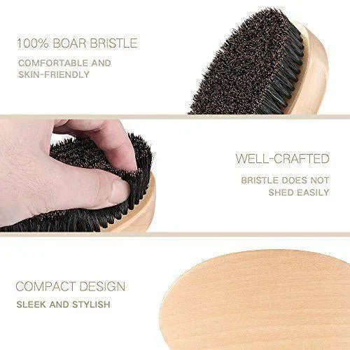 Natural boar beard brush for men in black finish with dense bristles on a table