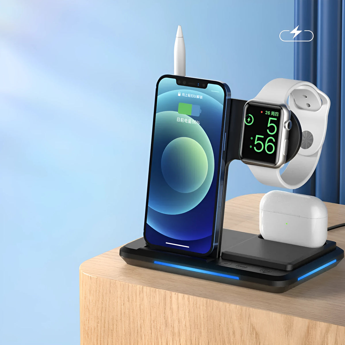 4-in-1 wireless charger stand Y1 in white holding a mobile phone, headset, watch, and Apple Pencil on a desktop