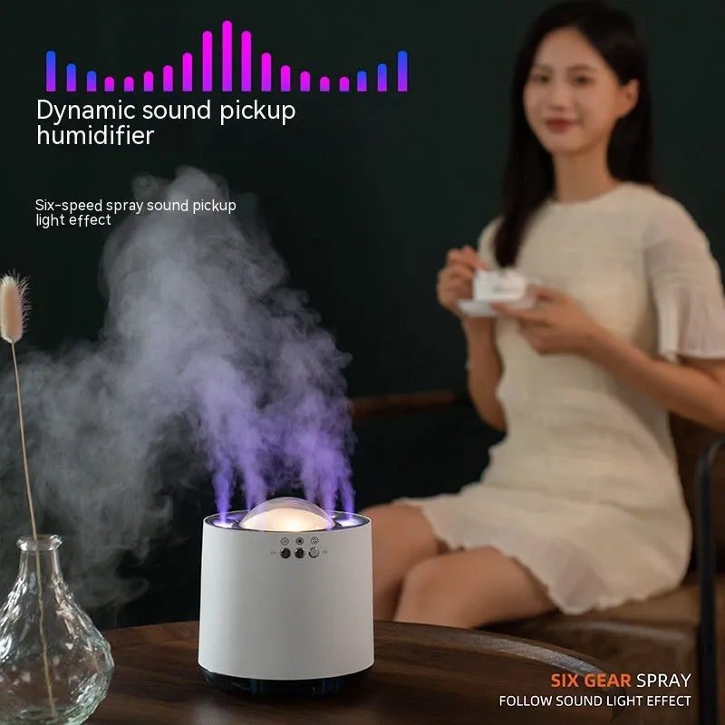 Simple white column desktop humidifier with colourful ambient lighting and six ultrasonic spray ports, 800mL tank, USB powered.