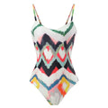 Women's two-piece swimsuit set with matching hip skirt in striped gradient pattern