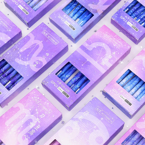 Box containing 12 constellation-themed quick-drying gel pens with plastic barrels