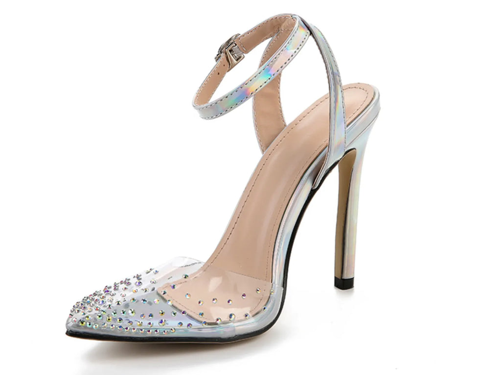 Women's pointed toe diamond sandals with stiletto heel on a white background.