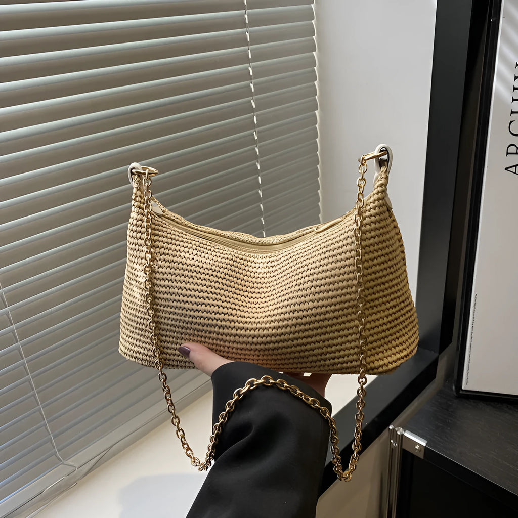Straw woven square shoulder tote bag with polyester lining and phone compartment in khaki colour