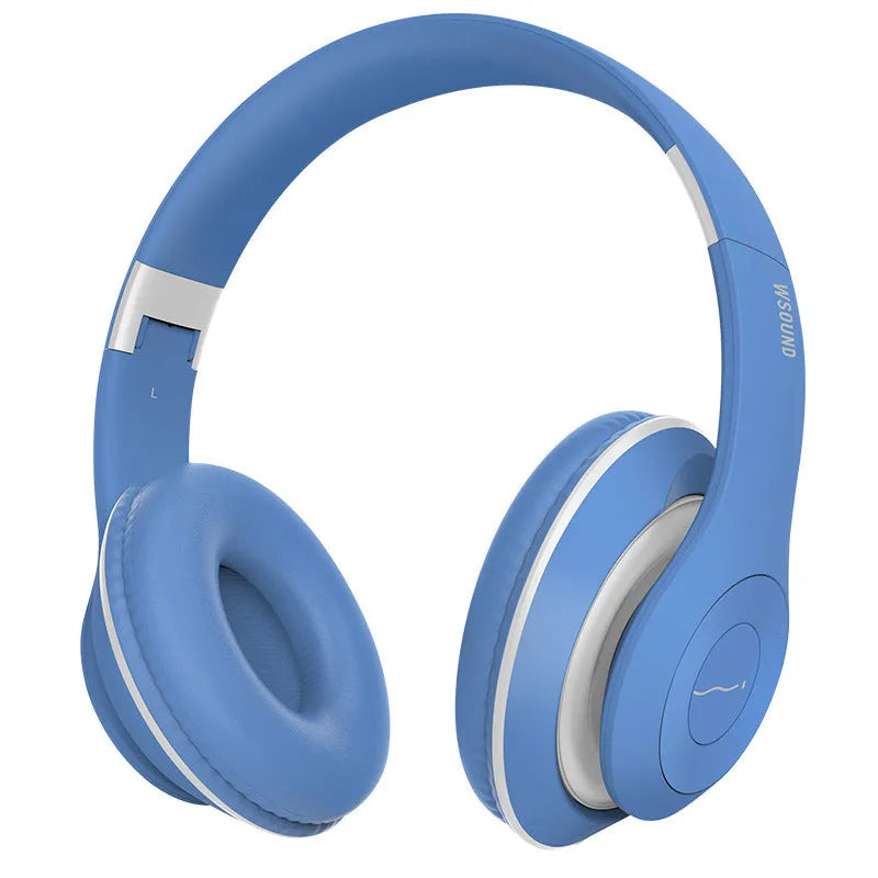 Blue and red wireless Bluetooth stereo headset with bilateral ear design