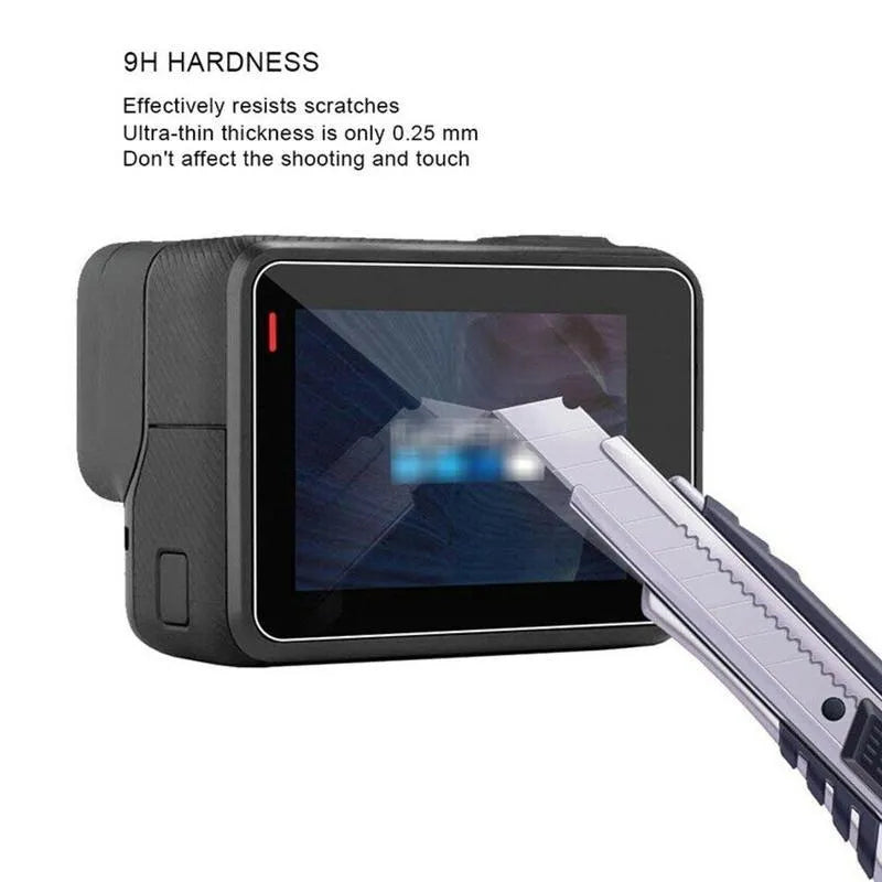 GoPro Hero 5 6 7 tempered glass screen and lens protector films set on a white background.