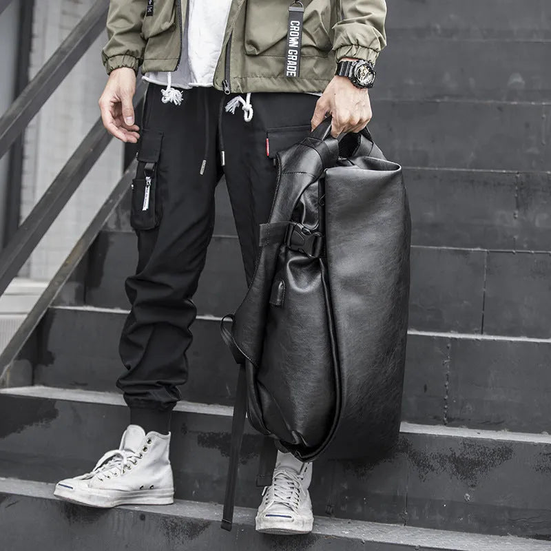 Korean men's PU leather shoulder bag in black with car suture, square shape, double strap, and cover bag