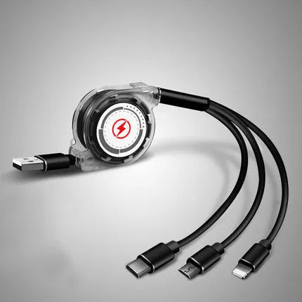 3-in-1 telescopic charging cable extended to show connectors with 120cm TPE cable and titanium alloy plugs.