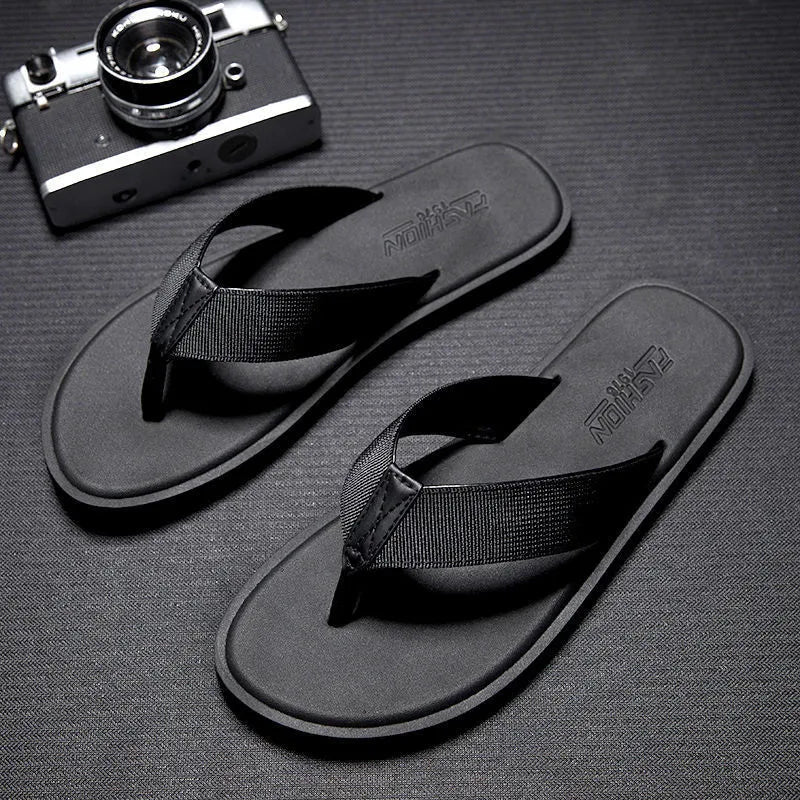 Korean style beach sandals in black with fabric upper and rubber sole, sizes 37-46
