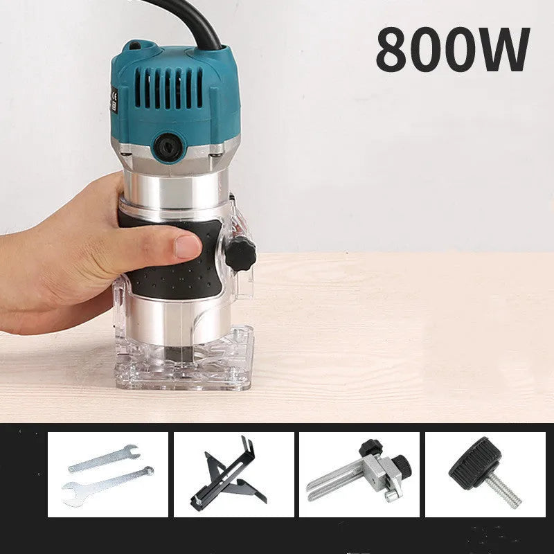 800W electric wood polishing trimmer with aluminium body on a workshop bench.