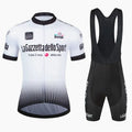Short sleeve cycling jersey for road biking and running in breathable polyester fabric.