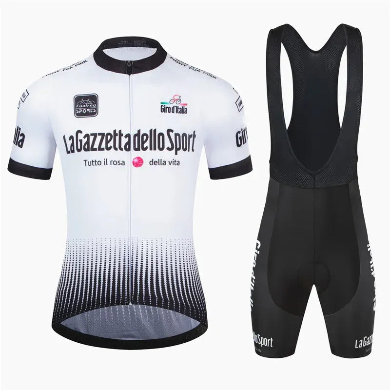 Short sleeve cycling jersey for road biking and running in breathable polyester fabric.