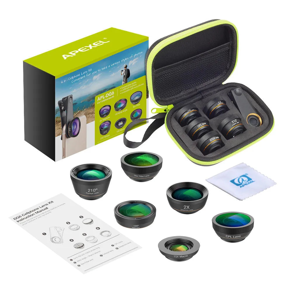Black aluminium 6-in-1 smartphone lens kit with fisheye, wide-angle, macro, telephoto, CPL and star filter lenses on a universal clip.