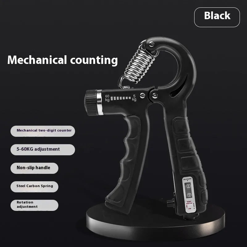 Adjustable spring grip strength trainer seven-piece set including five finger trainer and egg shaped device in black plastic