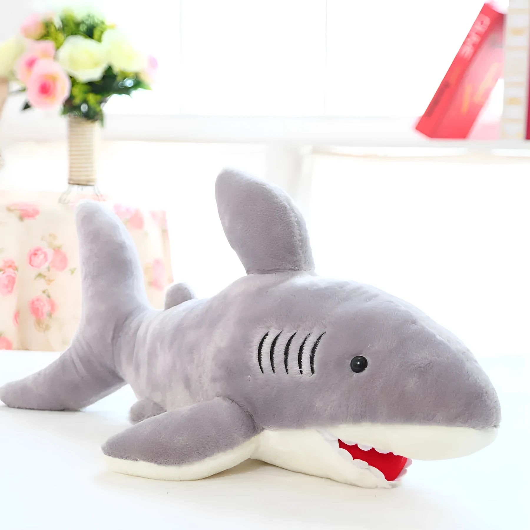 70cm grey shark plush toy with short plush fabric and PP cotton filling, shown against a neutral background