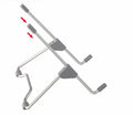 Grey aluminium alloy and engineering plastic foldable mobile phone and laptop stand on a desk.