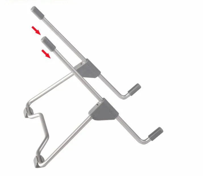 Grey aluminium alloy and engineering plastic foldable mobile phone and laptop stand on a desk.