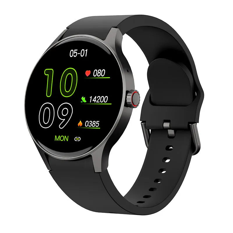 Smart watch with blood sugar detection on wrist showing 1.43 inch AMOLED screen