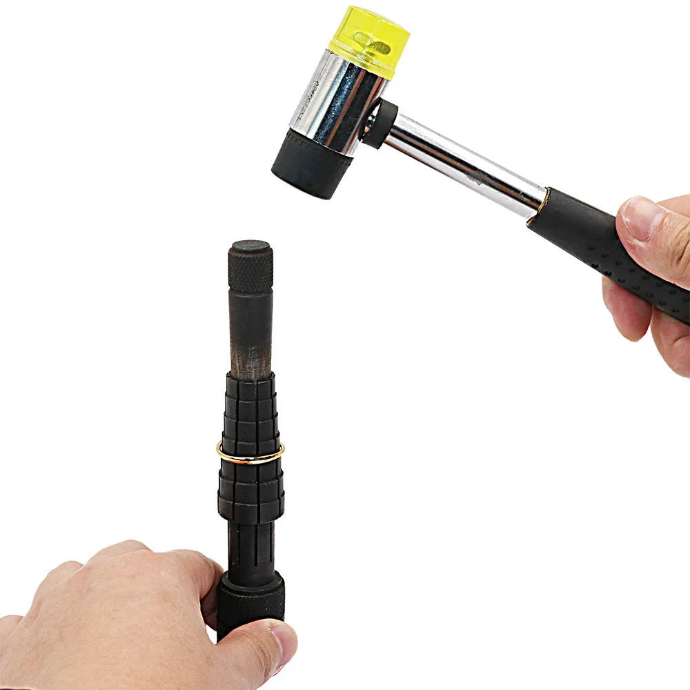 Ring expansion size adjustment tools including circular stretcher and rubber hammer