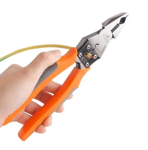 Orange multi-function wire cutter pliers with alloy steel head and textured PVC handles.