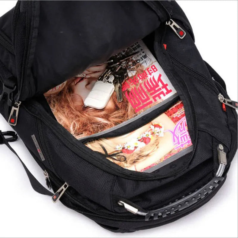 Black business computer backpack with 38-litre capacity showing three compartments for laptop organisation