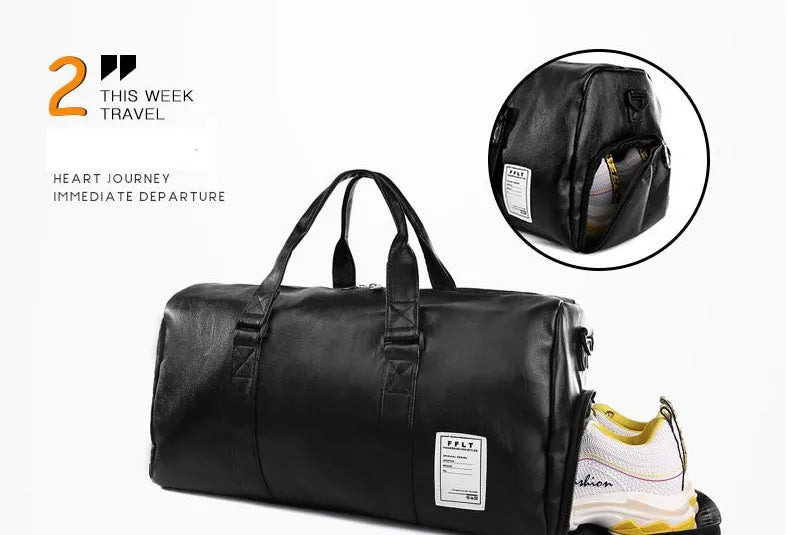 Black waterproof sports bag with separate shoe compartments and diagonal straps in two size options