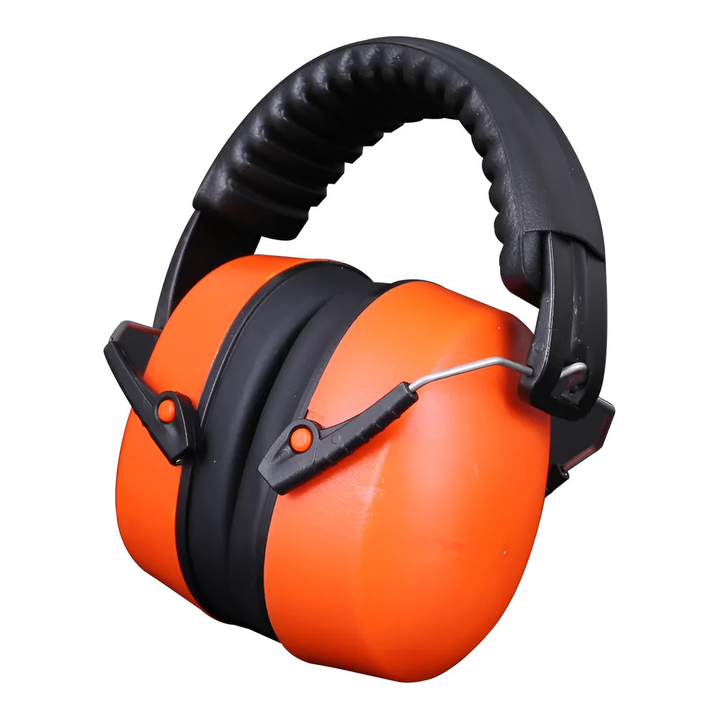 Orange head-mounted noise-reducing headphones with protective earmuffs and elastic adjustable headband