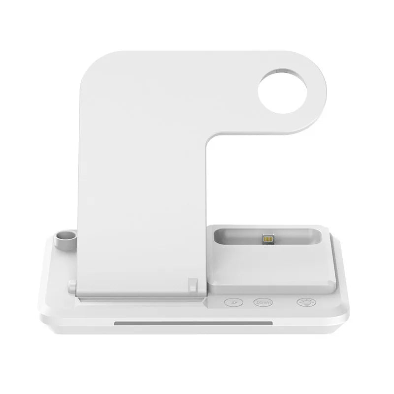 4-in-1 wireless charger stand Y1 in white holding a mobile phone, headset, watch, and Apple Pencil on a desktop