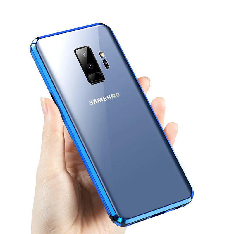 Magnetic anti-peeping Samsung phone case with clamshell design and double-sided glass construction